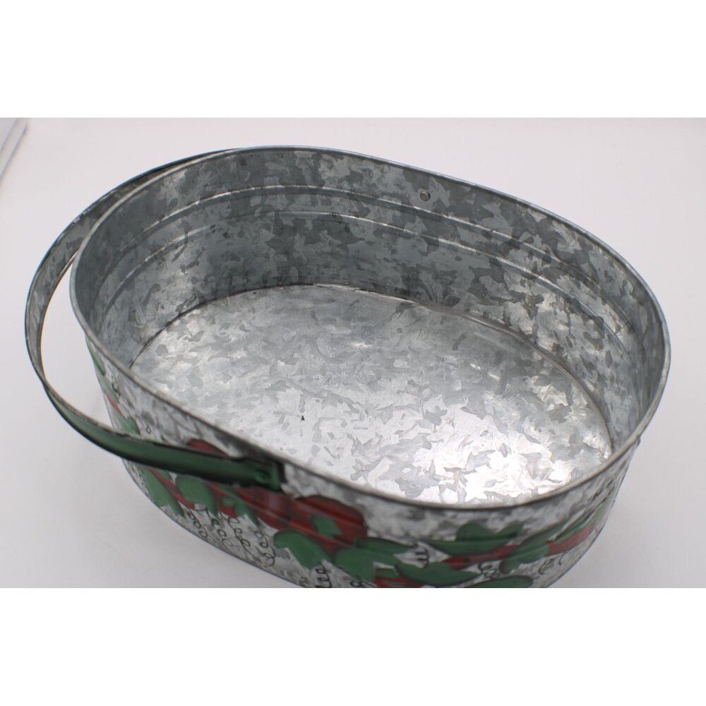 Hand-Painted Galvanized Tin Basket Handle Red Green Floral Design Decor Vintage - Picture 4 of 8